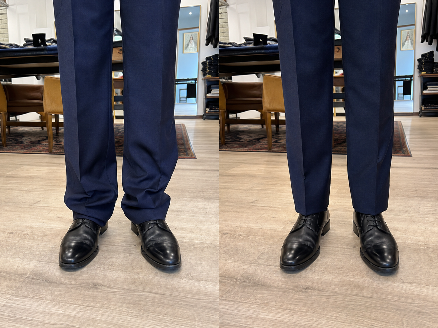 Voor en na het verkorten van een marineblauw pantalon — links te lang met overslagplooien bij de schoen, rechts perfecte lengte met nette afwerking