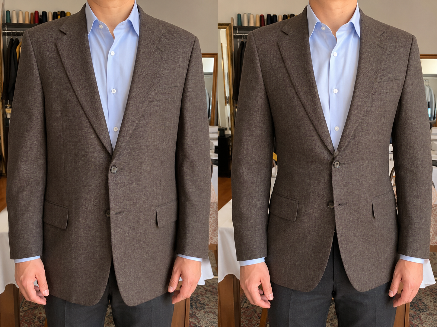 Voor en na het innemen van een bruin colbert — links ruim en loszittend, rechts getailleerd en scherp silhouet