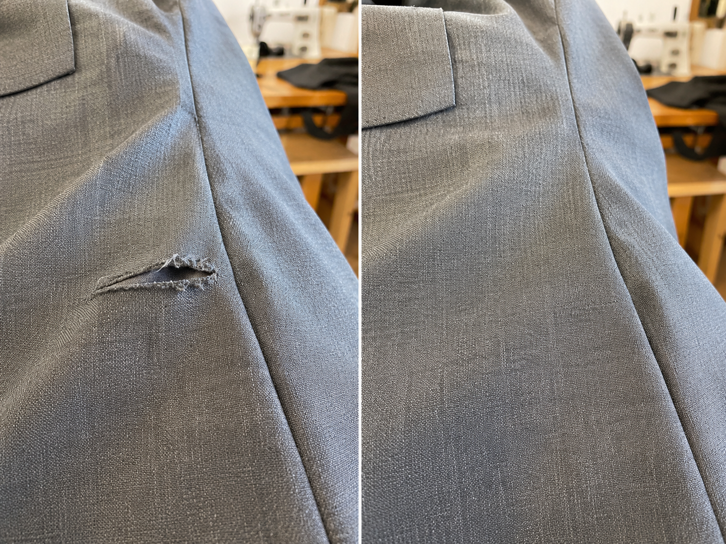 Voor en na het herstellen van een scheur in een grijze broek — links een rafelige scheur in het stof, rechts onzichtbaar gerepareerd